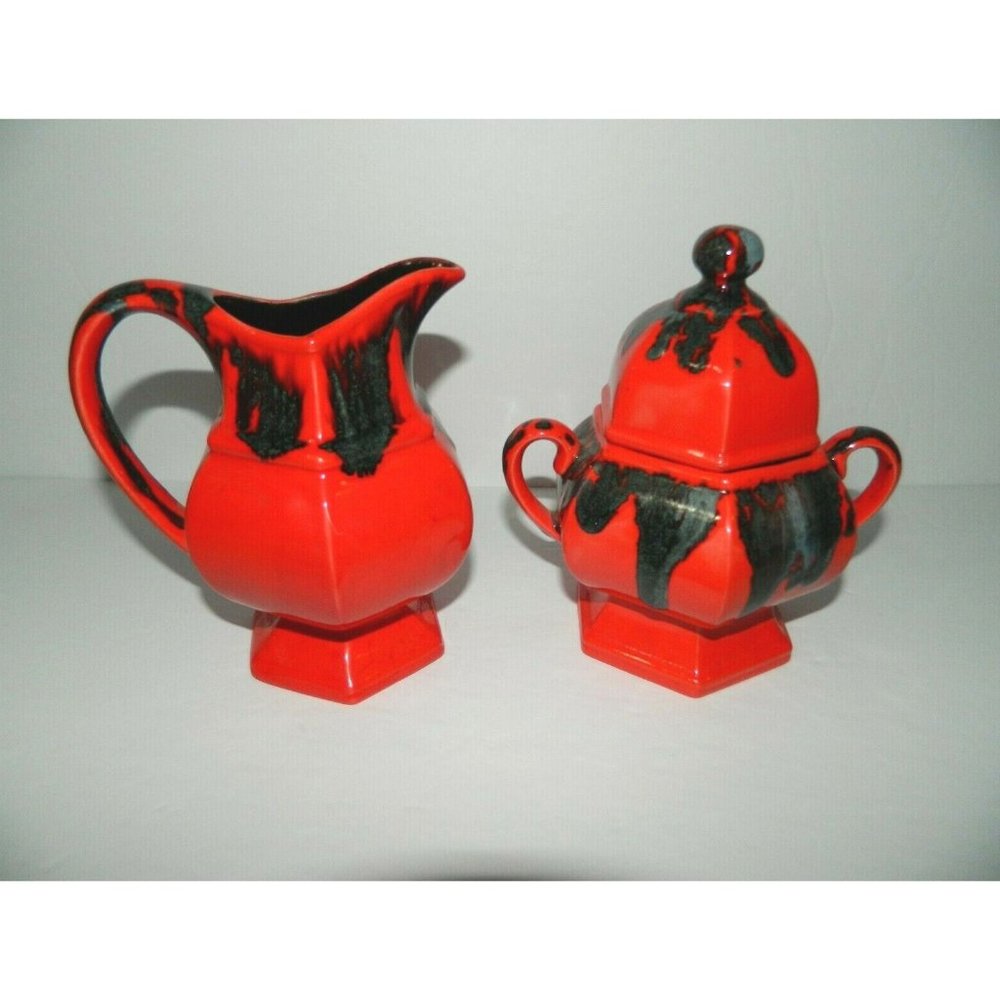 Vintage Red Sugar Bowl Creamer Willowtree Ceramics Studio Pottery 1977 Canada